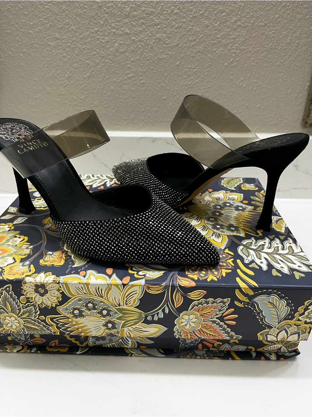 Vince Camuto Kempern2 Black/Smoke Jeweled Pointed Toe Mules with Clear Strap